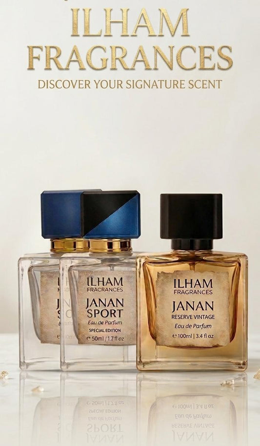 ILHAM Fragrances Janan Sport and Reserve Vintage perfume bottles with gold typography on a clean white background.