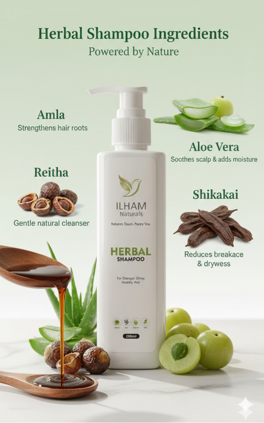 Close-up of ILHAM Herbal Shampoo surrounded by fresh natural herbs and lime, highlighting its 100% organic hair care formula.