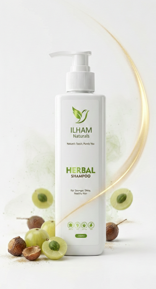 ILHAM Naturals Herbal Shampoo for hair growth and natural care, 100% organic ingredients on a premium white background - ✨ Nature’s Touch, Purely You.