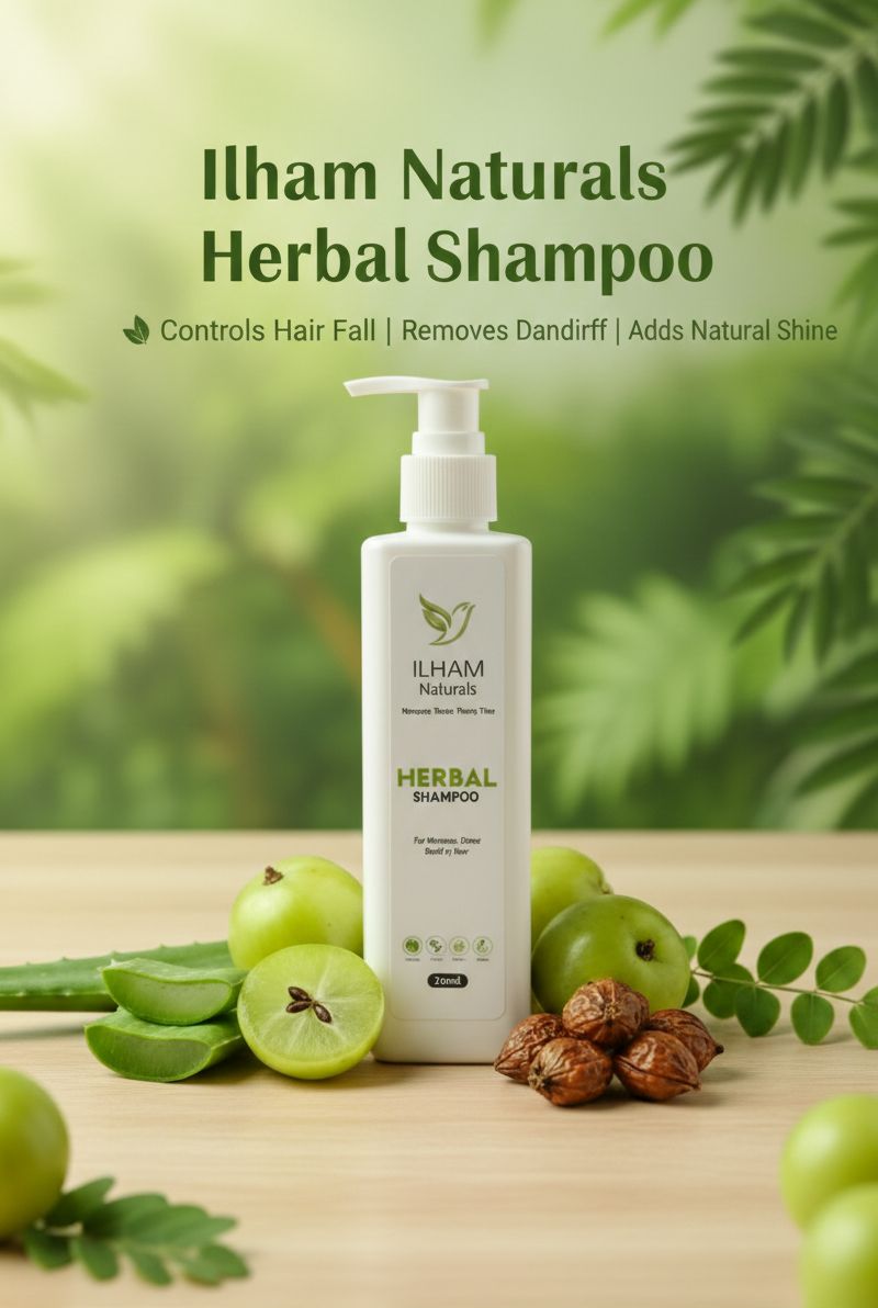 Educational chart showing ILHAM Herbal Shampoo ingredients including Amla, Reitha, Shikakai, and Aloe Vera for natural hair strengthening and growth.